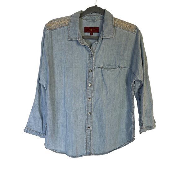 7 For‎ All Mankind Womens Shirt Size Small Chambray Linen Blend Blue Embroidered - Picture 1 of 11